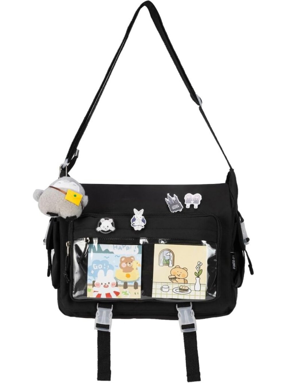 Cute Kawaii Crossbody Ita Bag with Plush Penguin & Pins - Y2K Messenger Purse